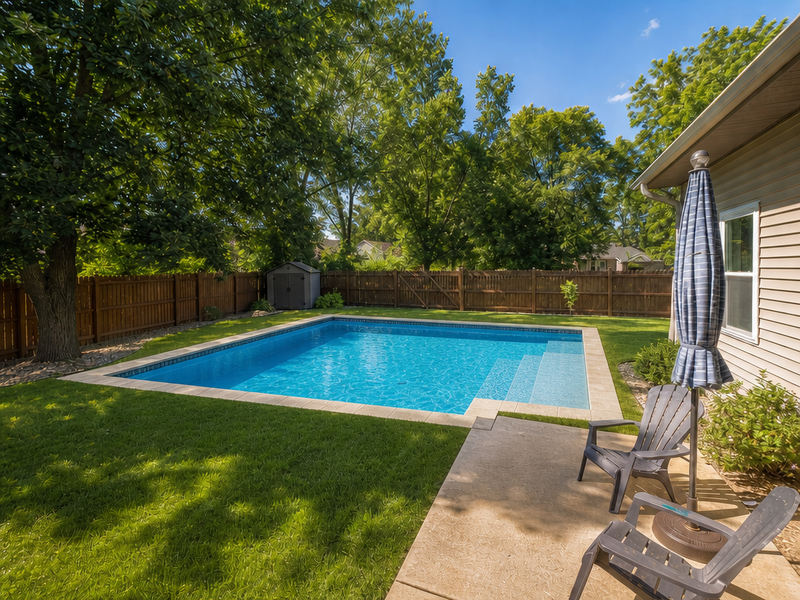 A yard with a pool rendered in.