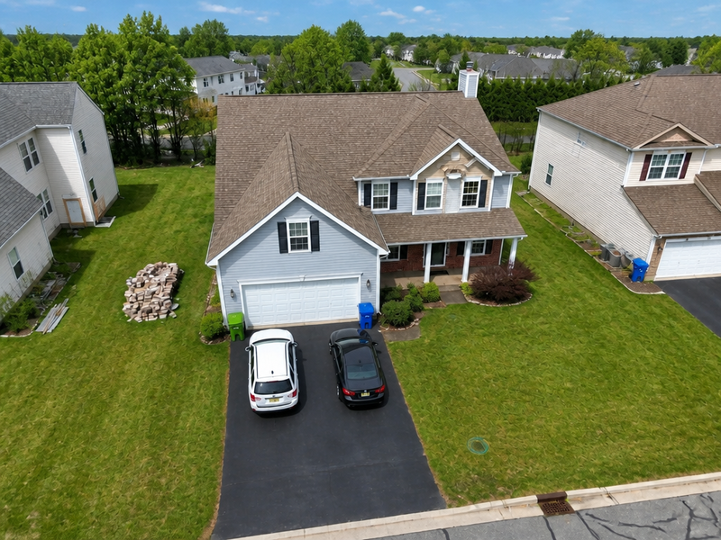A drone exterior with hazy sky and flat colour brought to a clean aerial frame.