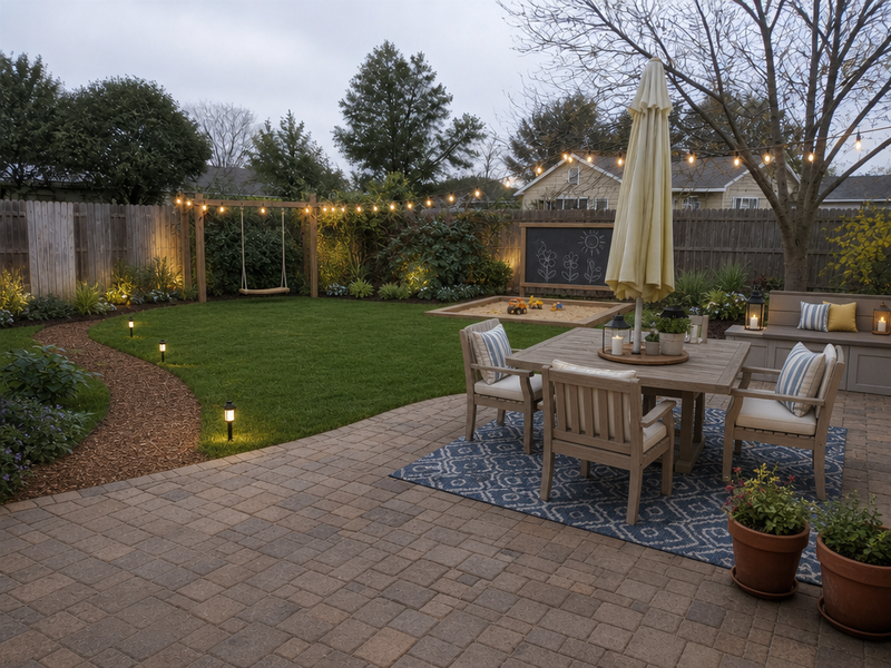 A redesigned backyard with a patio and fire pit on the same property.