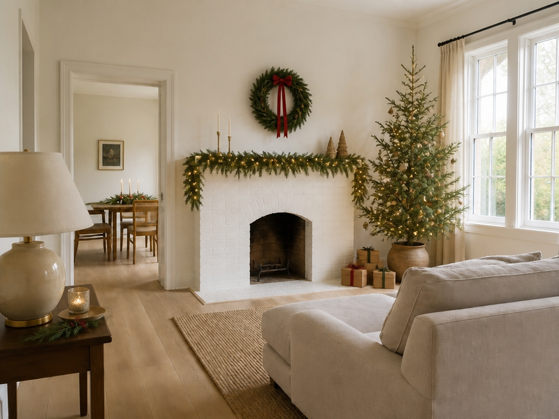 A living room shown plain and then dressed for Christmas.