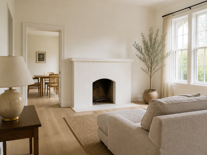 A living room shown plain and then dressed for Christmas. — before