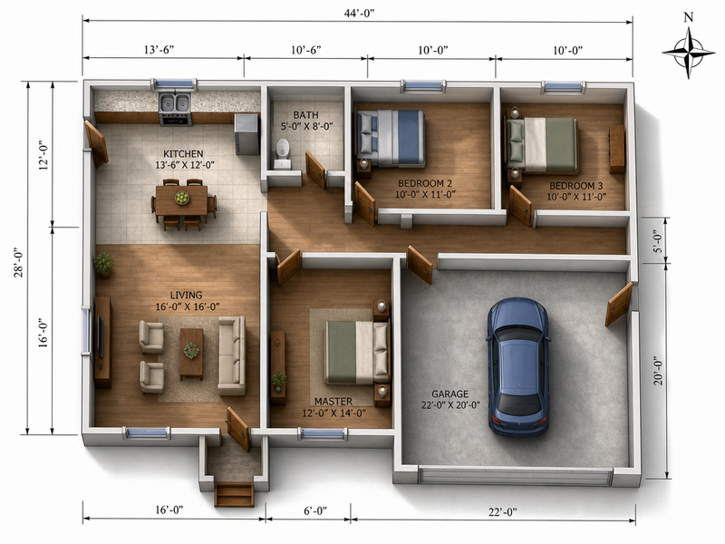 A 2D floor plan converted to a 3D view.