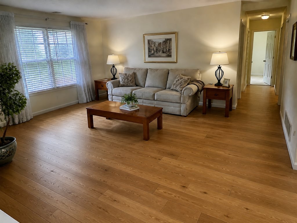 A living room with dated carpet replaced by wide-plank hardwood.