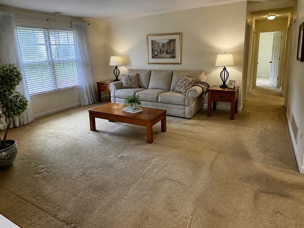 A living room with dated carpet replaced by wide-plank hardwood. — before