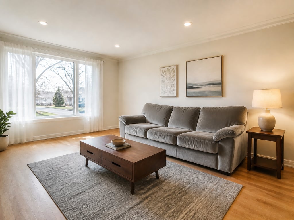 A living room sofa reupholstered from worn beige microfiber to soft grey velvet.