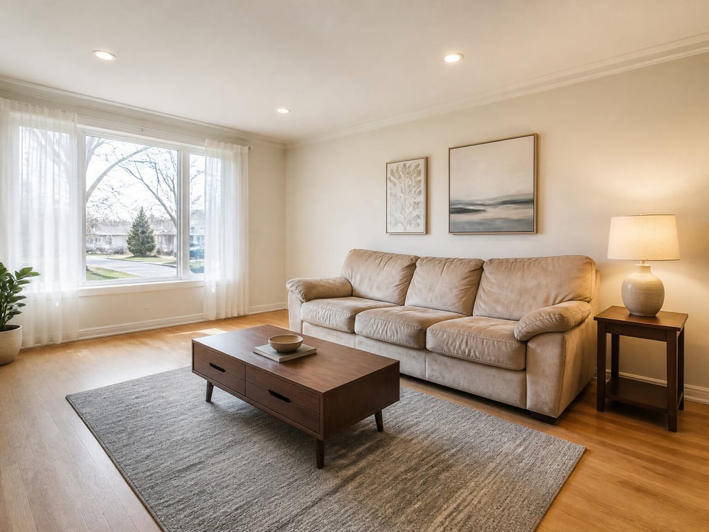 A living room sofa reupholstered from worn beige microfiber to soft grey velvet. — before
