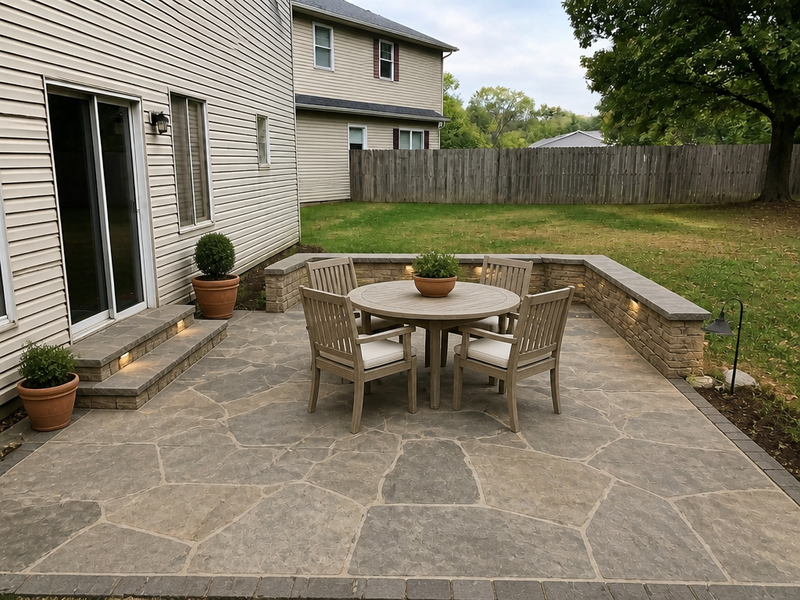 A front yard with a redesigned bluestone walkway and patio on the same property.
