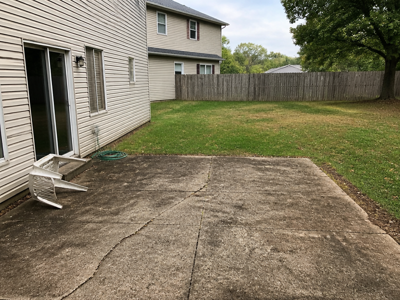 A front yard with a redesigned bluestone walkway and patio on the same property. — before