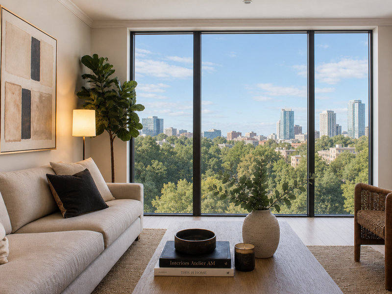 A living room photograph with windows blown out, balanced to show both interior and exterior detail.