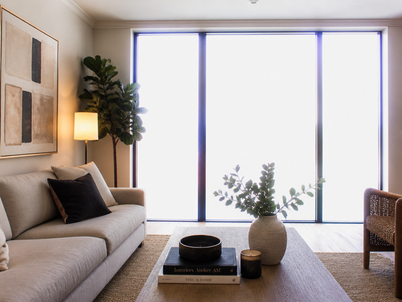 Before — A living room photograph with windows blown out, balanced to show both interior and exterior detail.