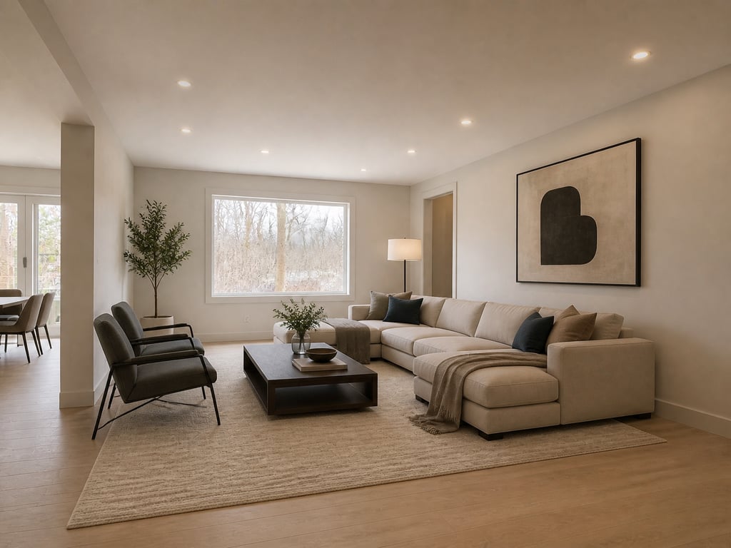 A bare under-construction room rendered into a furnished, photorealistic living space.