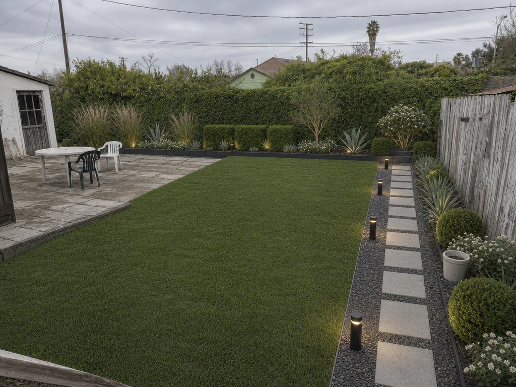 A front yard re-imagined as a Mediterranean landscape on the same property.