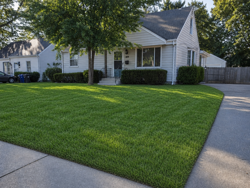 A house with a brown lawn replaced by a green one.
