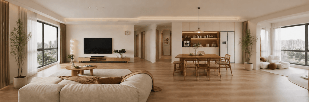A living room shot from three overlapping angles stitched into a single 3:1 panorama.