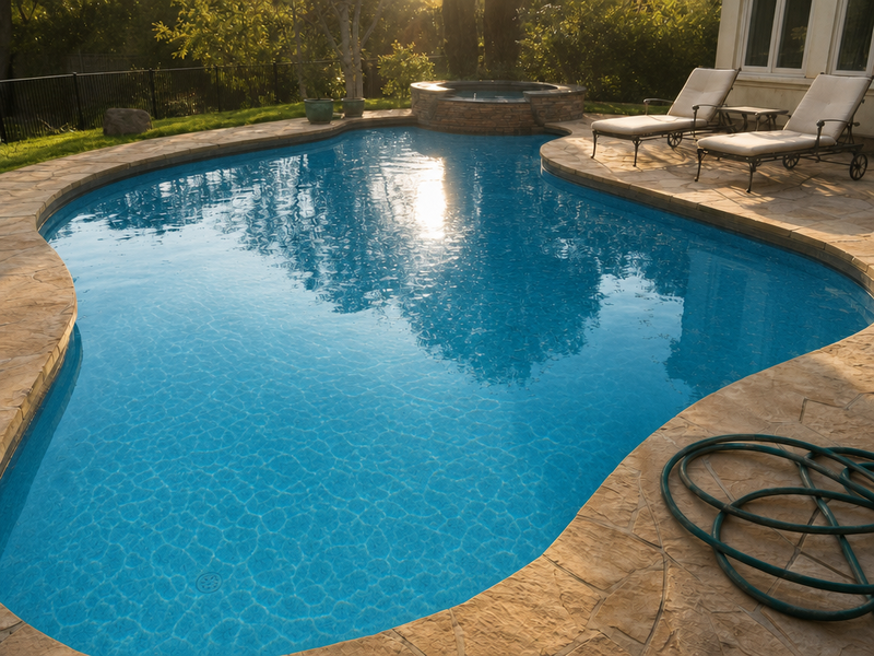 A pool with cloudy water cleaned up to a true blue.