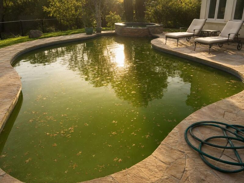 Before — A pool with cloudy water cleaned up to a true blue.