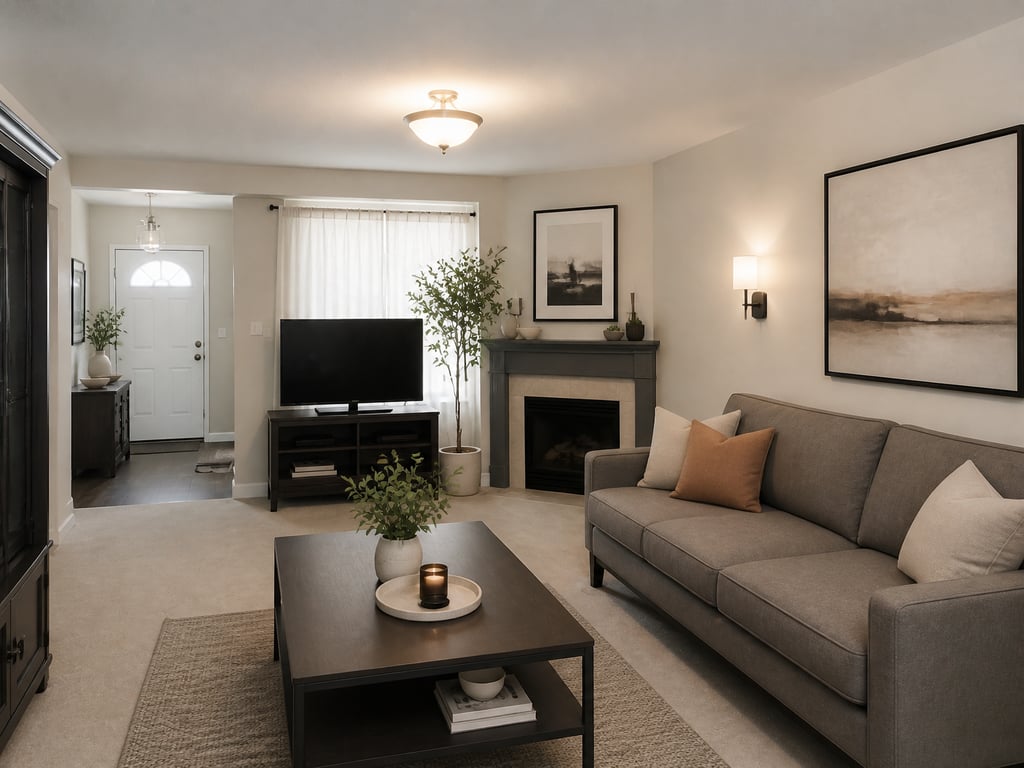 A furnished living room restyled into a new interior design style, layout unchanged.