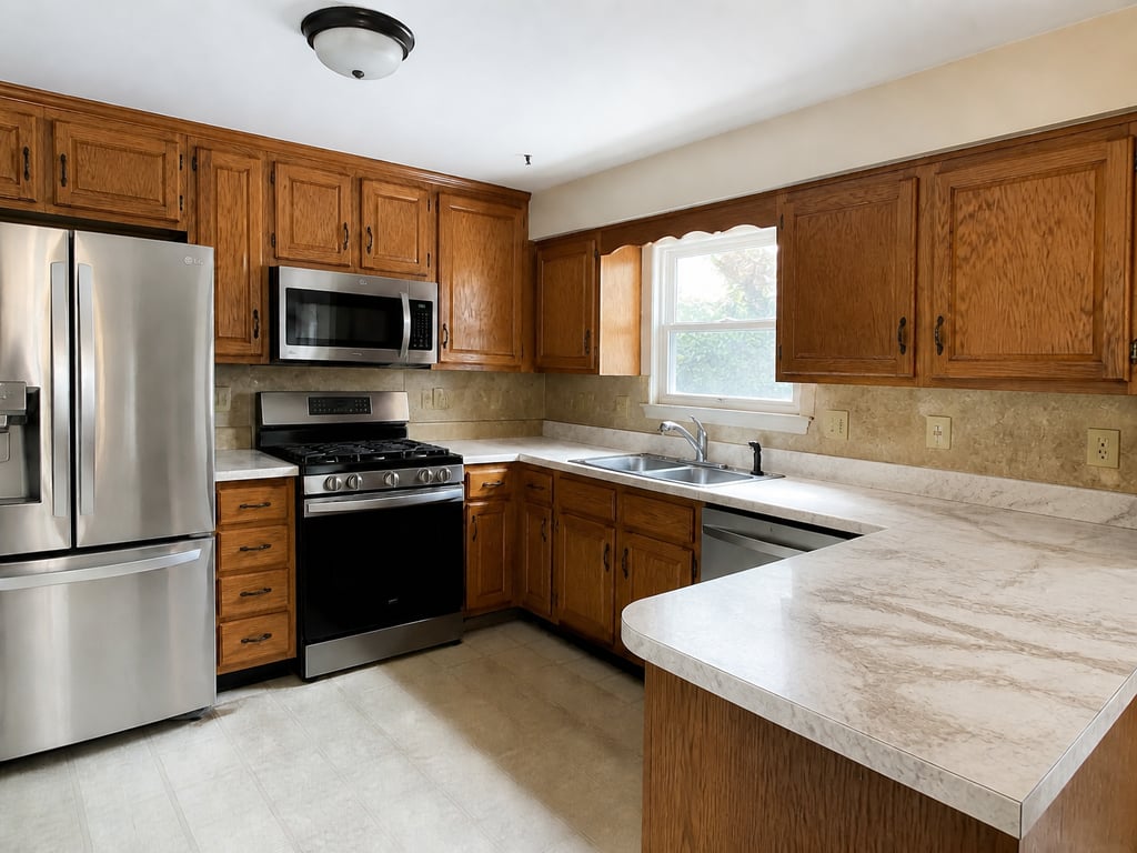 A kitchen with a dated laminate countertop refinished in honed marble.