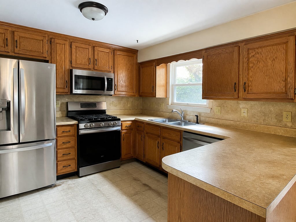 A kitchen with a dated laminate countertop refinished in honed marble. — before