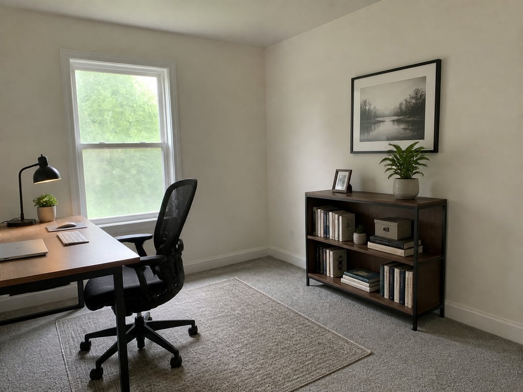 A cluttered spare room re-furnished as a home office.