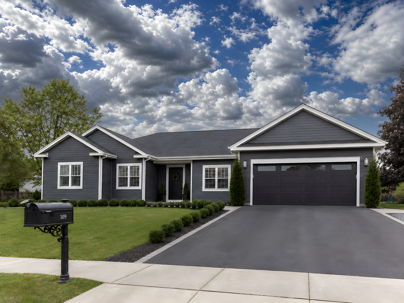 An exterior with a flat overcast sky replaced by a clear afternoon sky.