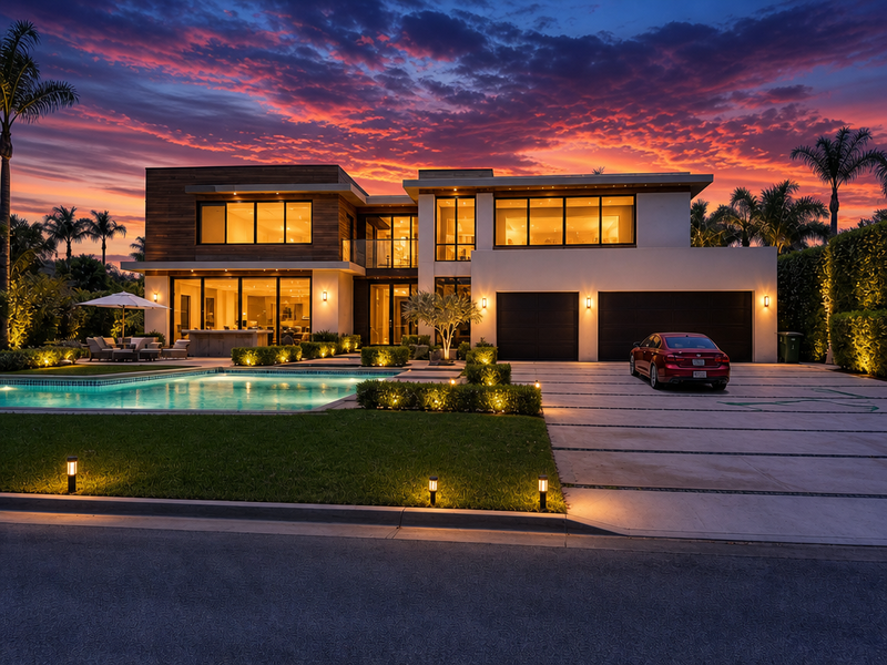 A house exterior shown at noon and as a marketing-grade twilight hero shot.
