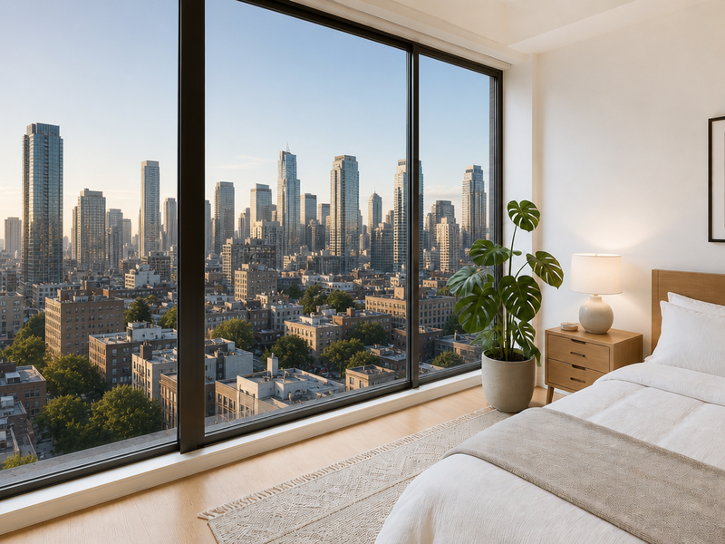 A living room window with the exterior view replaced by a calm forest scene.