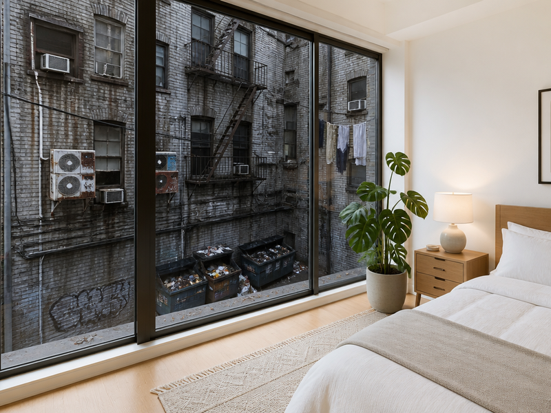 Before — A living room window with the exterior view replaced by a calm forest scene.