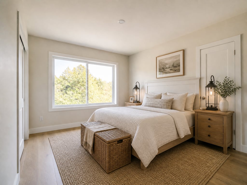 Empty bedroom → Farmhouse calm after