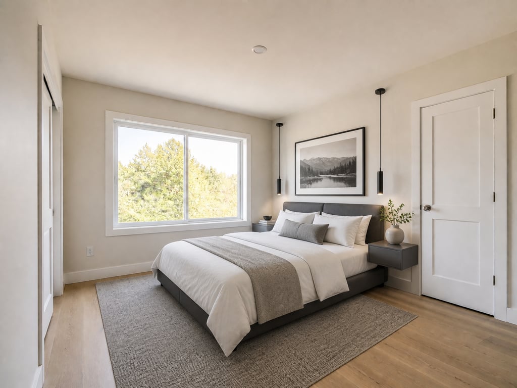Empty bedroom → Lived-in modern after