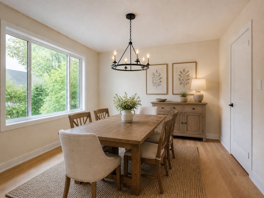 Bare dining room → Farmhouse table after