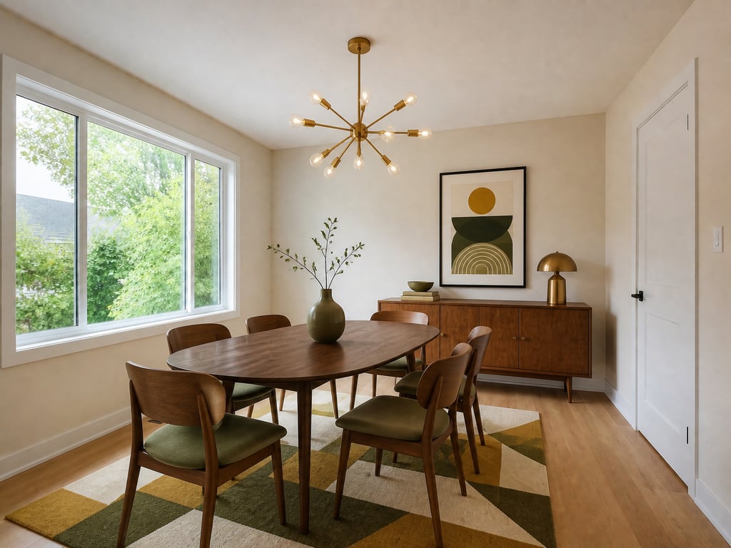 Bare dining room → Mid-century table after